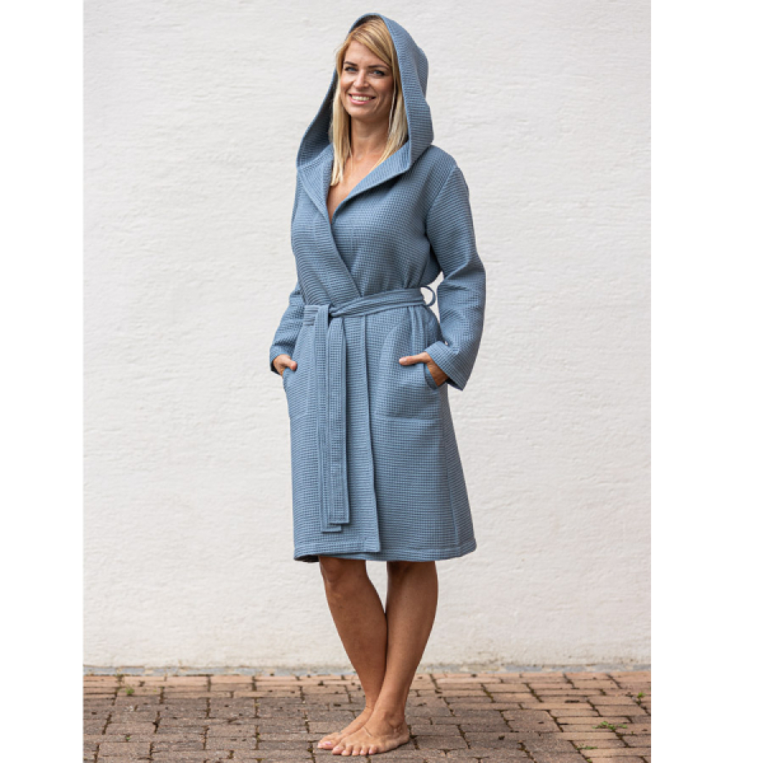 Framsohn Bademantel Waffelpique  Damen weiß Kapuze