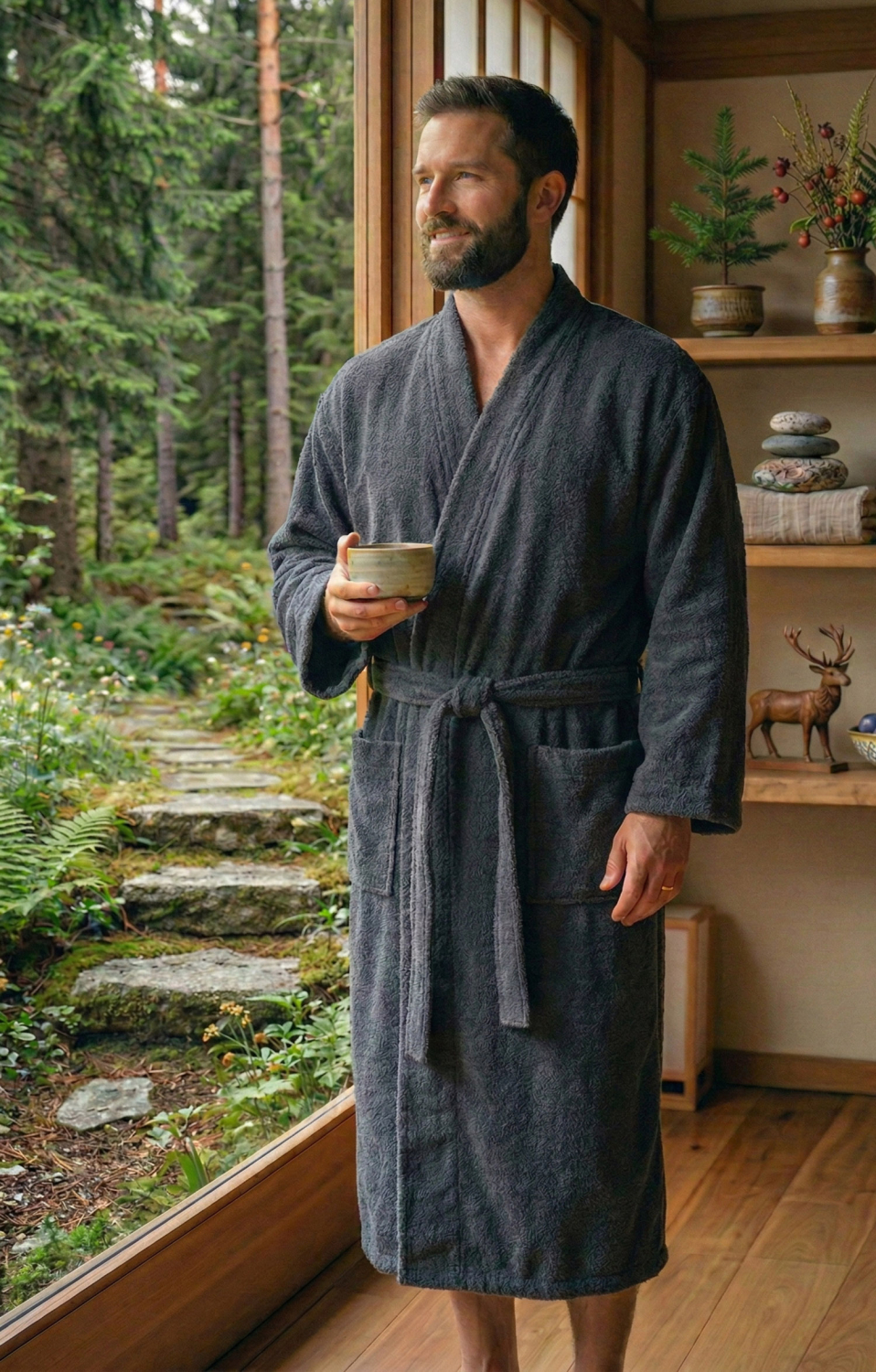 Framsohn Bademantel Unisex Damen und Herren Frottee flauschig weich Kimono S M L XL XXL anthrazit grau