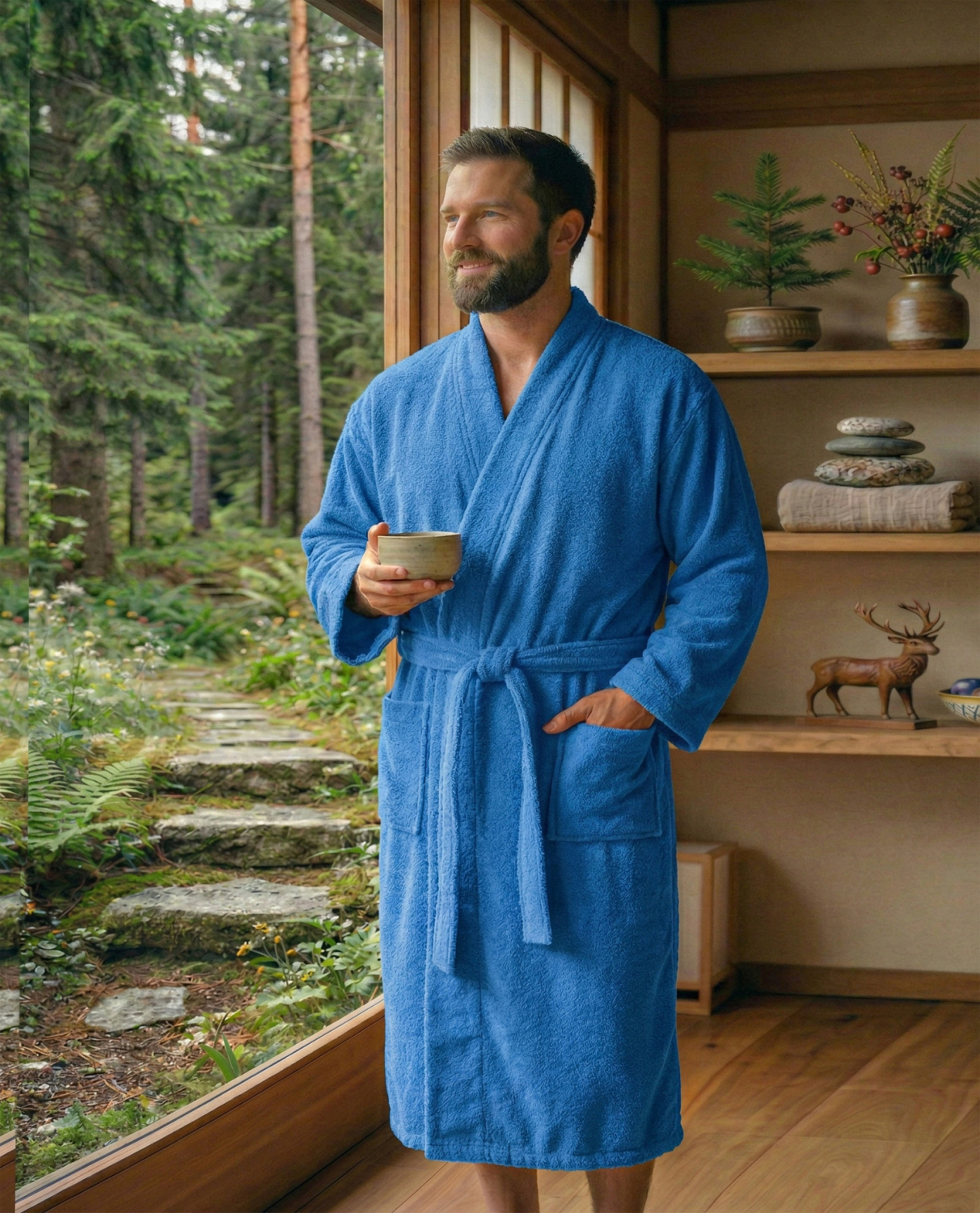 Framsohn Unisex Herren Bademantel | Casa | 255 Blau |100% Baumwolle| Gr. S M L XL XXL