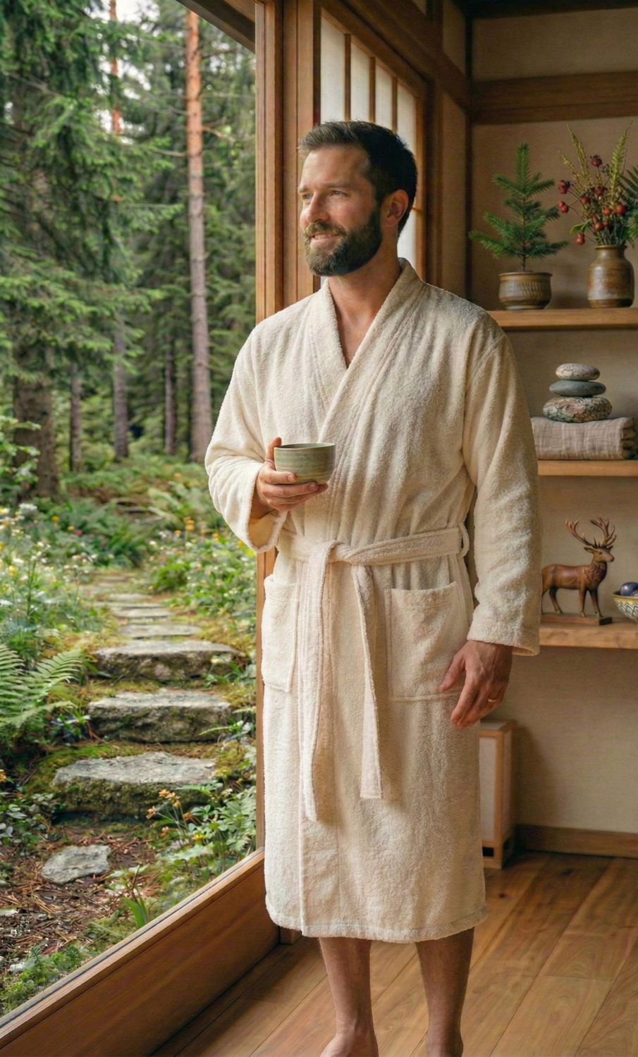 Framsohn Unisex Herren Bademantel | Casa | 460 Beige |100% Baumwolle| Gr S M L XL XXL