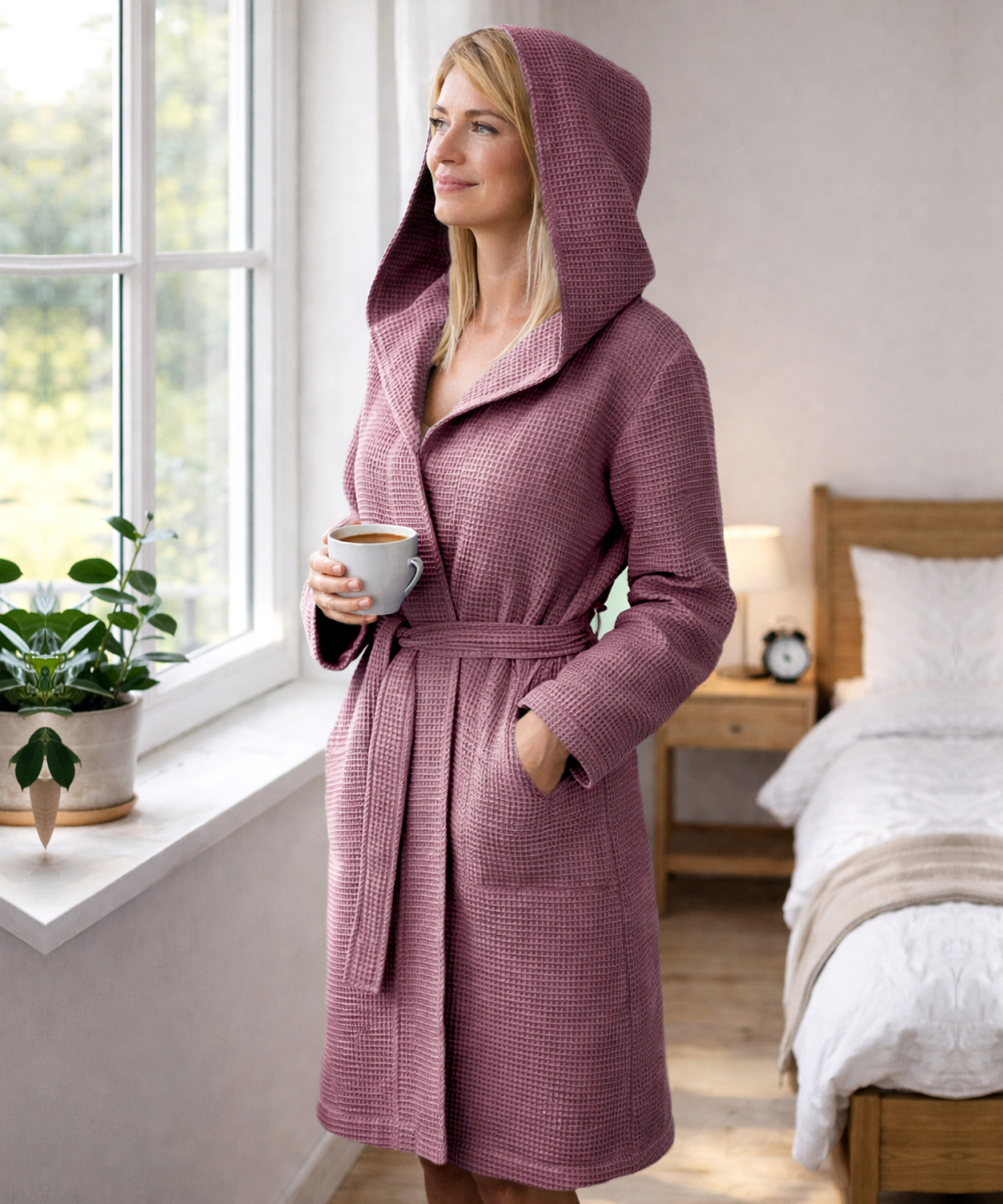 Framsohn Bademantel Waffelpique  Damen weiß Kapuze