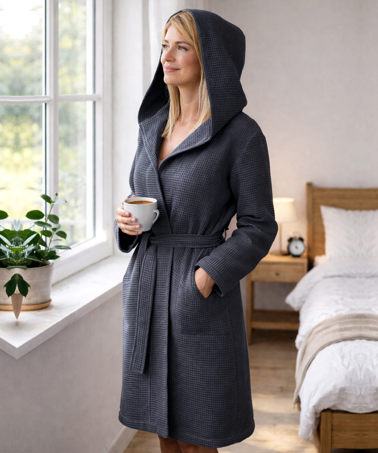 Framsohn Damen Bademantel | Waffel Home Collection | 180 Dunkelgrau | mit Kapuze | 100% Baumwolle Waffelpique