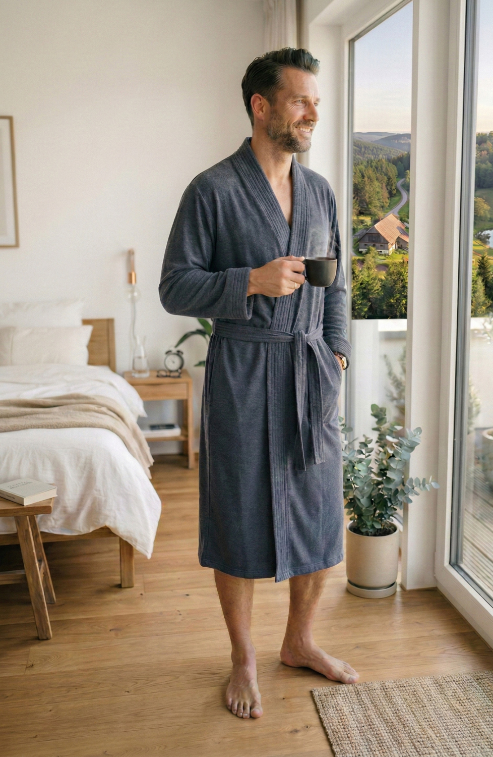 Framsohn Herren Bademantel | Jersey | 180 Anthrazit Grau | Stretch | leichter Bademantel Morgenmantel| Gr S M L XL