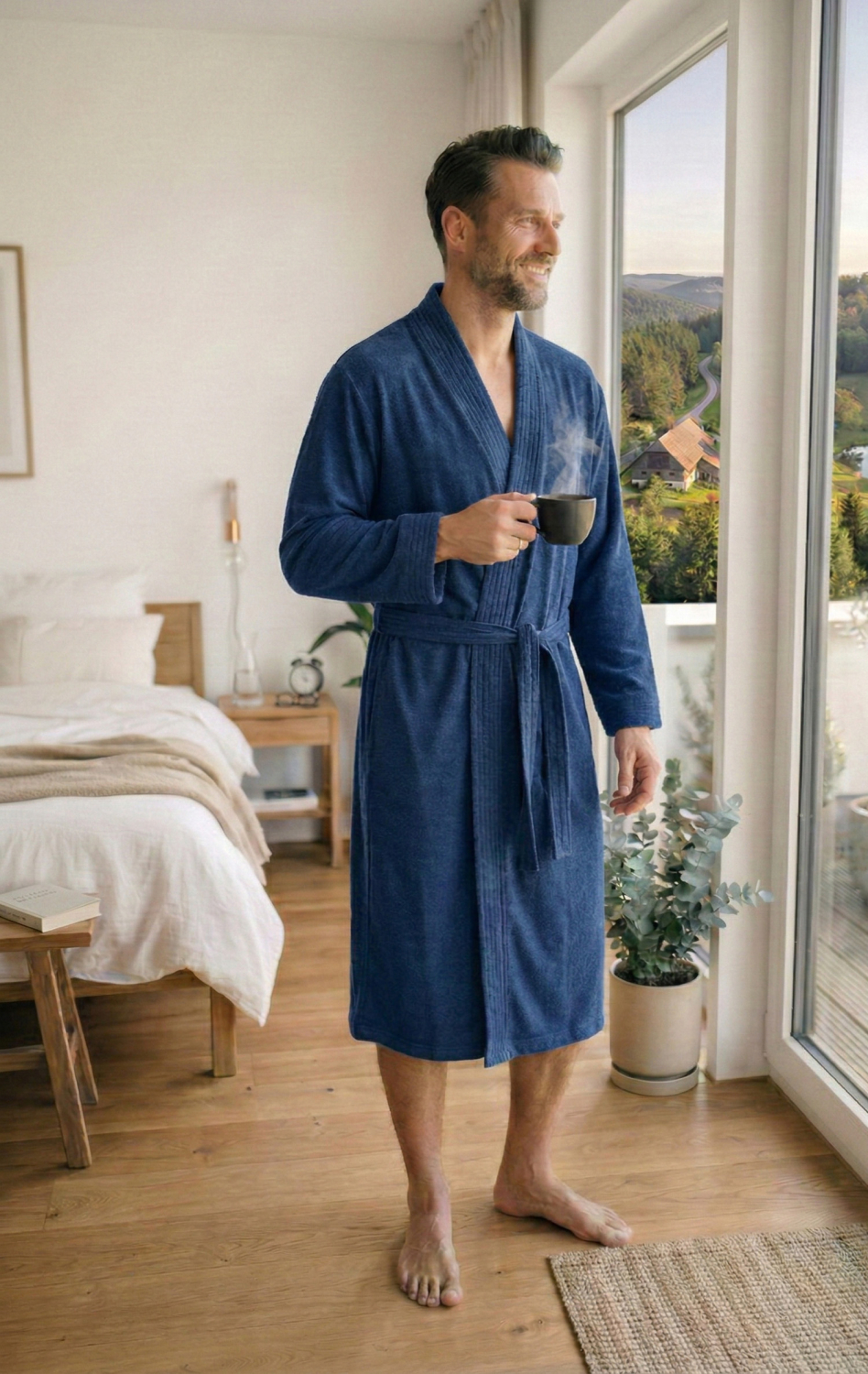 Framsohn Herren Bademantel | Jersey | 543 Jeans Blau | Stretch | leichter Bademantel Morgenmantel | Gr. S M L XL