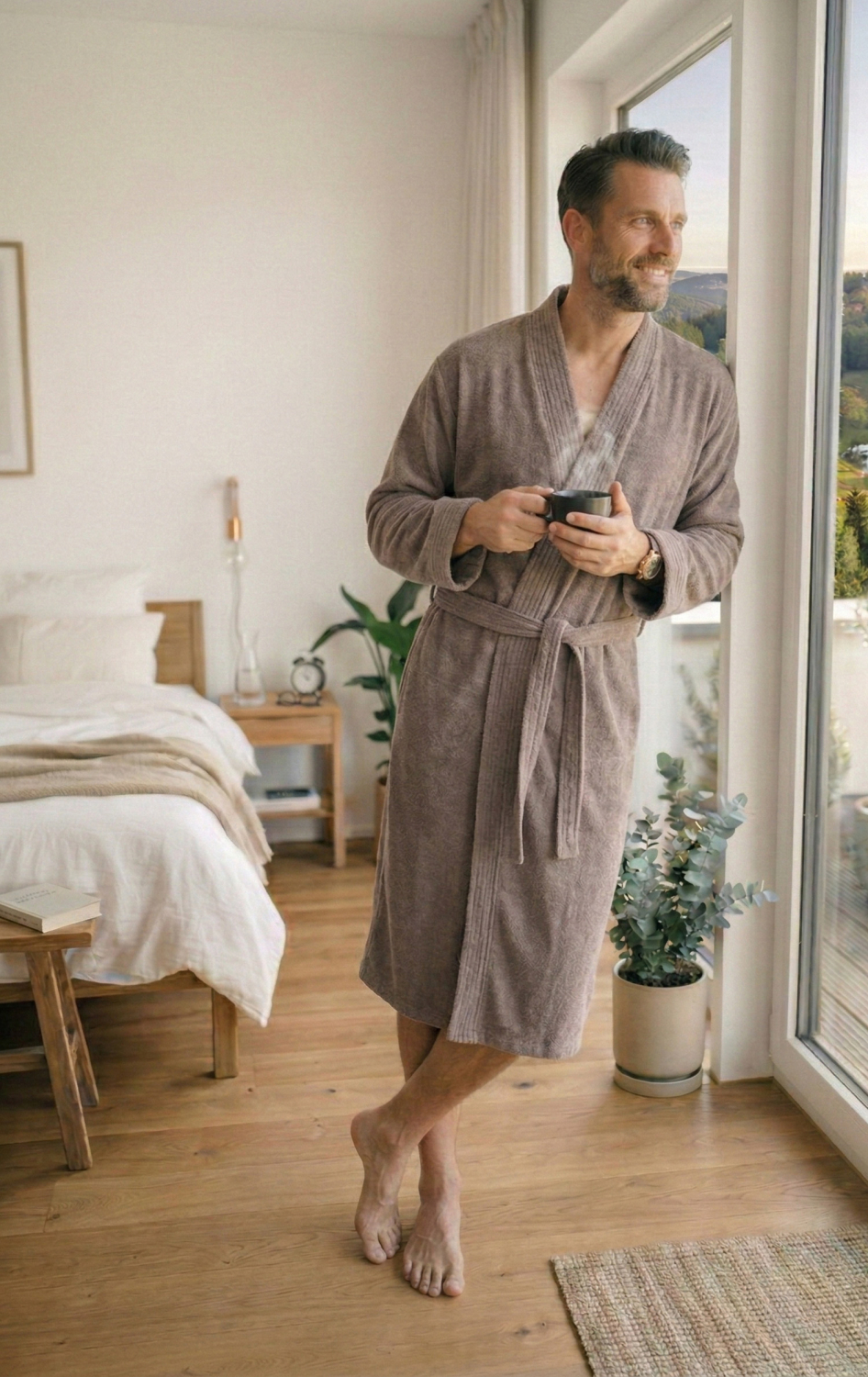 Framsohn Herren Bademantel | Jersey | 641 Braun | Stretch | leichter Bademantel Morgenmantel| Gr. S M L XL