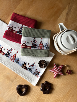 Preview: 2er Set Waffel Geschirrtuch "Weihnachtshäuser" - 017 Pinengrün